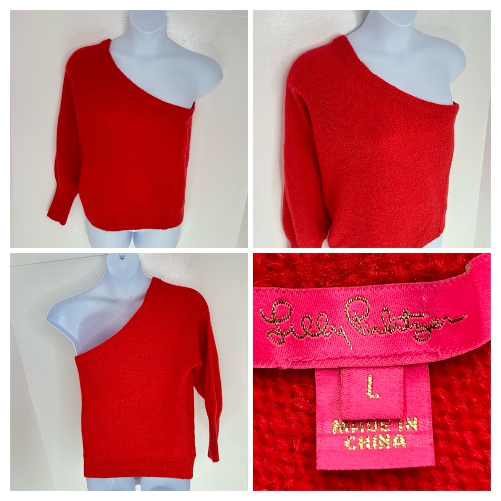 Lilly Pulitzer Maura One Shoulder Sweater Large‎ Amaryllis Red Puff Sleeve Top
